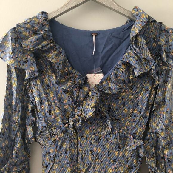 Free People Sweetest Thing Long Sleeve V Neck Dress Blue Floral NEW - Picture 5 of 10